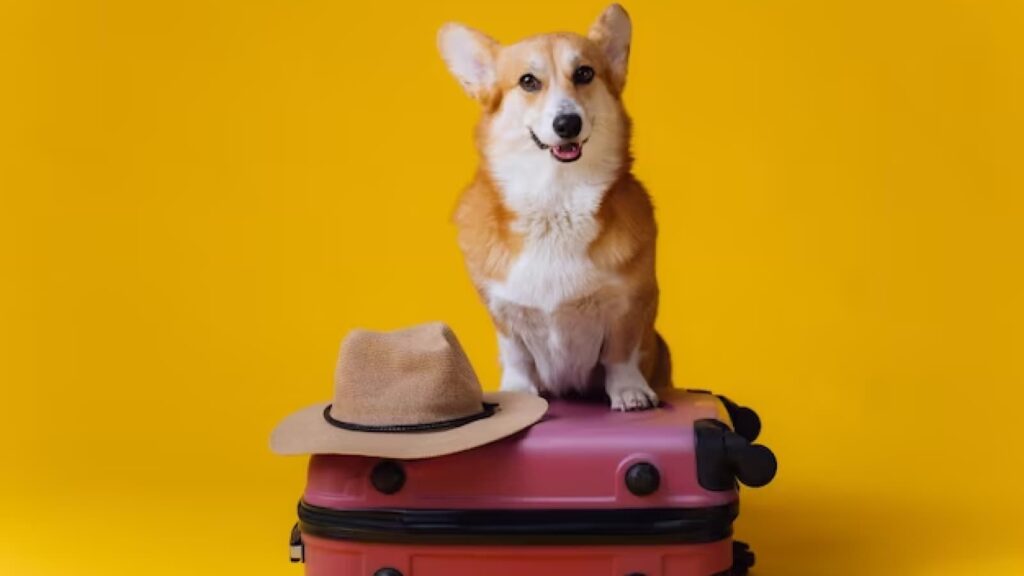 Cachorro em cima de mala de viagem