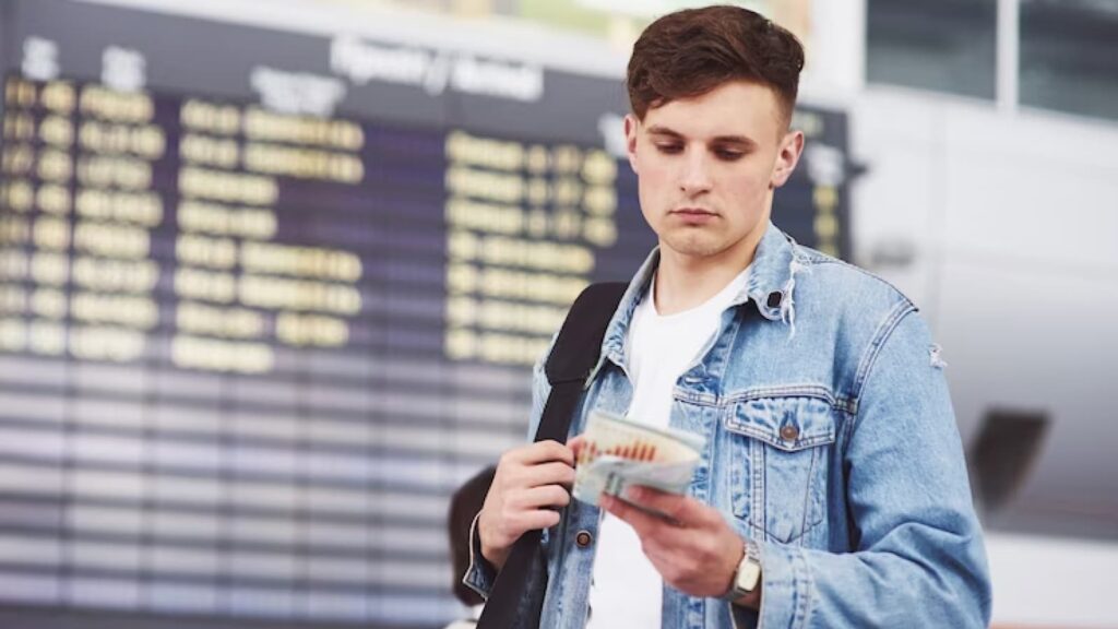 Homem com passagens em frente o painel do aeroporto