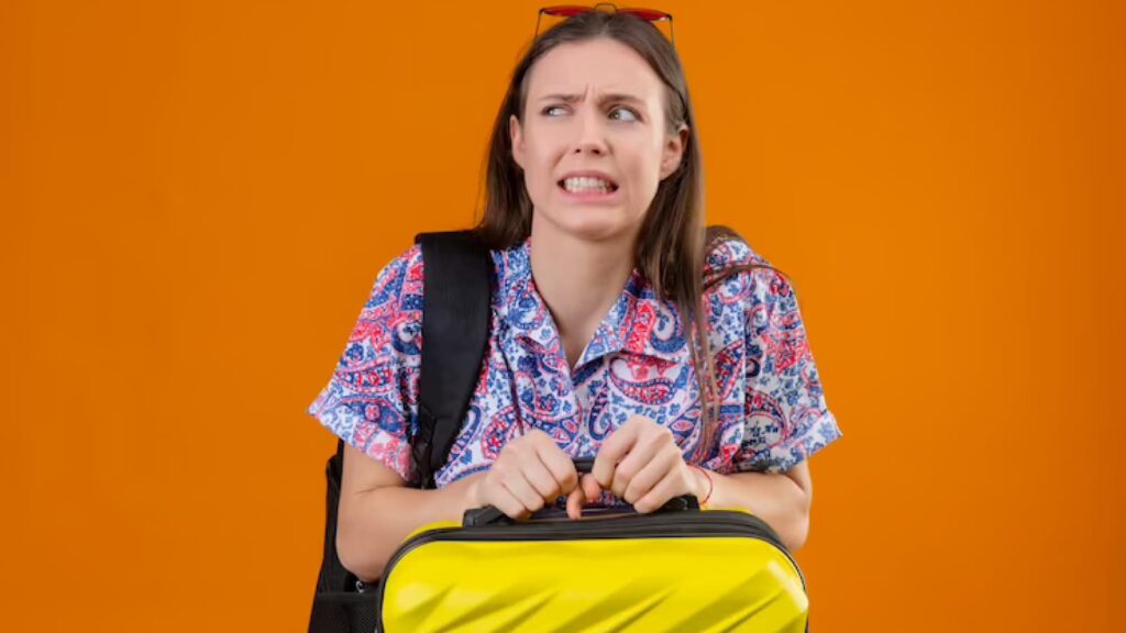 Mulher com cara de preocupada carregando mala e mochila