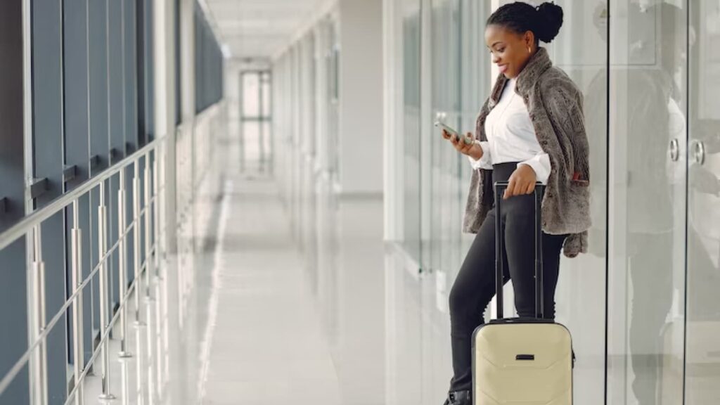 Mulher de casaco no aeroporto com mala