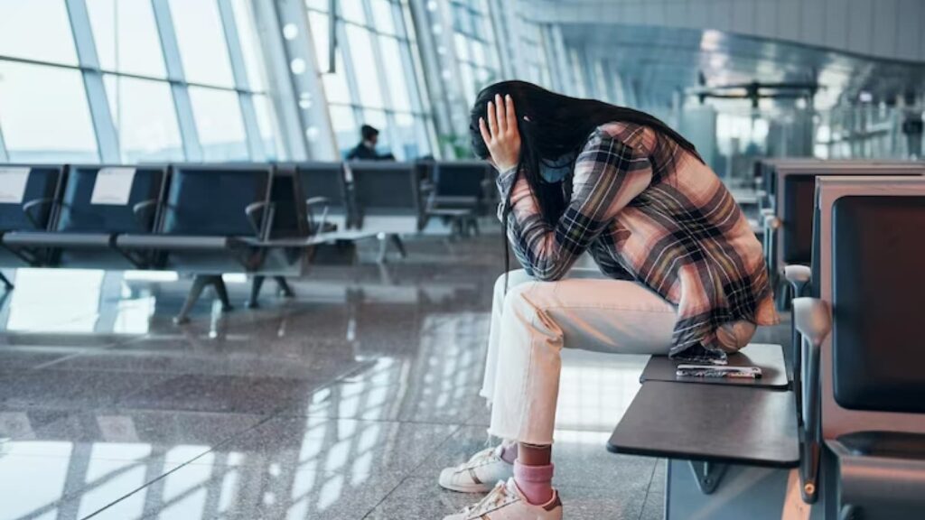 Mulher sentada apoiando os cotovelos nos joelhos em aeroporto