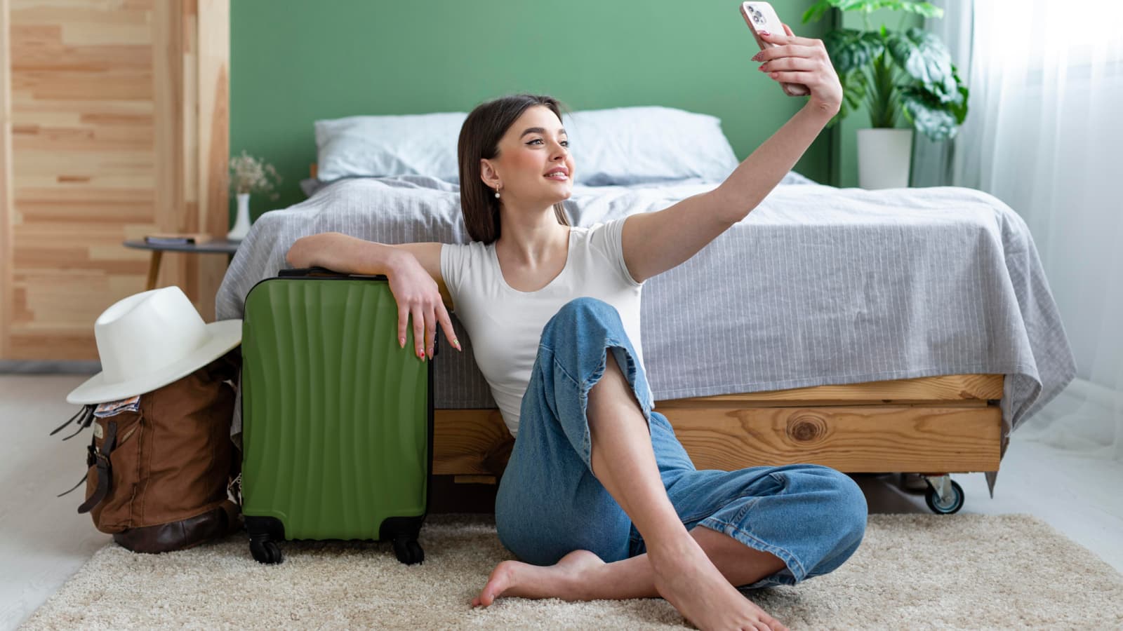 Mulher sentada no chão do quarto tirando selfie ao lado de mala de viagem