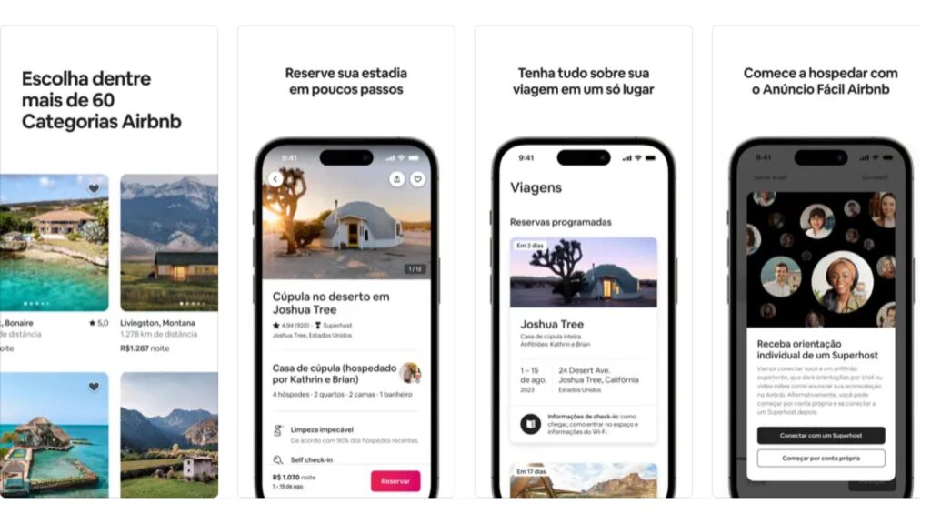 Tela de principais funções do Airbnb