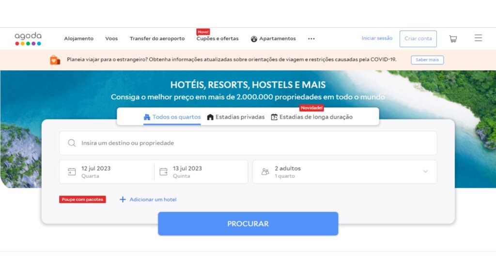 Tela inicial do site Agoda.com