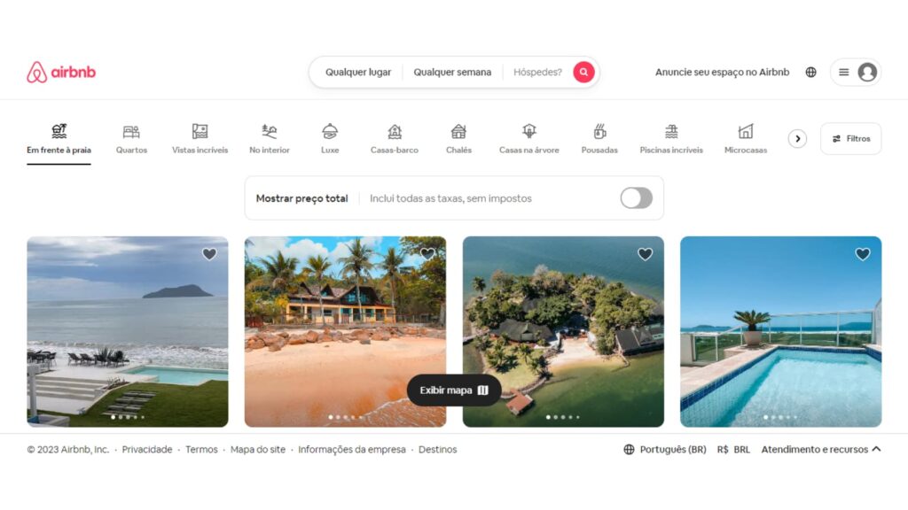 Tela inicial do site Airbnb.com.br