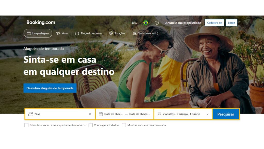 Tela inicial do site Booking.com