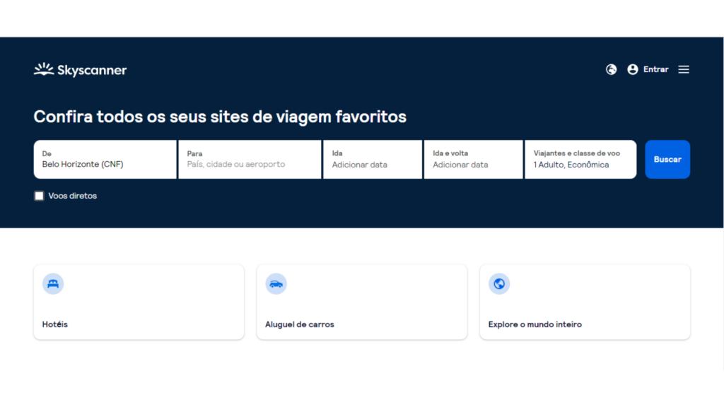 Tela inicial do site Skyscanner